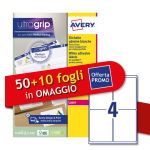 Etichette bianche Avery Ultragrip & Jamfree™ adesivo permanente laser 4 et./foglio conf. 50+10 ff OMAGGIO