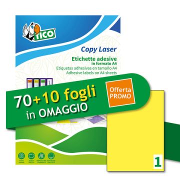 Etichette giallo fluorescente permanenti Tico laser/inkjet 1 et./foglio conf. 70+10 ff OMAGGIO 210x297 mm