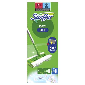 Starter Kit catturapolvere Swiffer Dry verde - scopa + 8 panni DRY + 3 panni WET - conf. 12 pz - PG264
